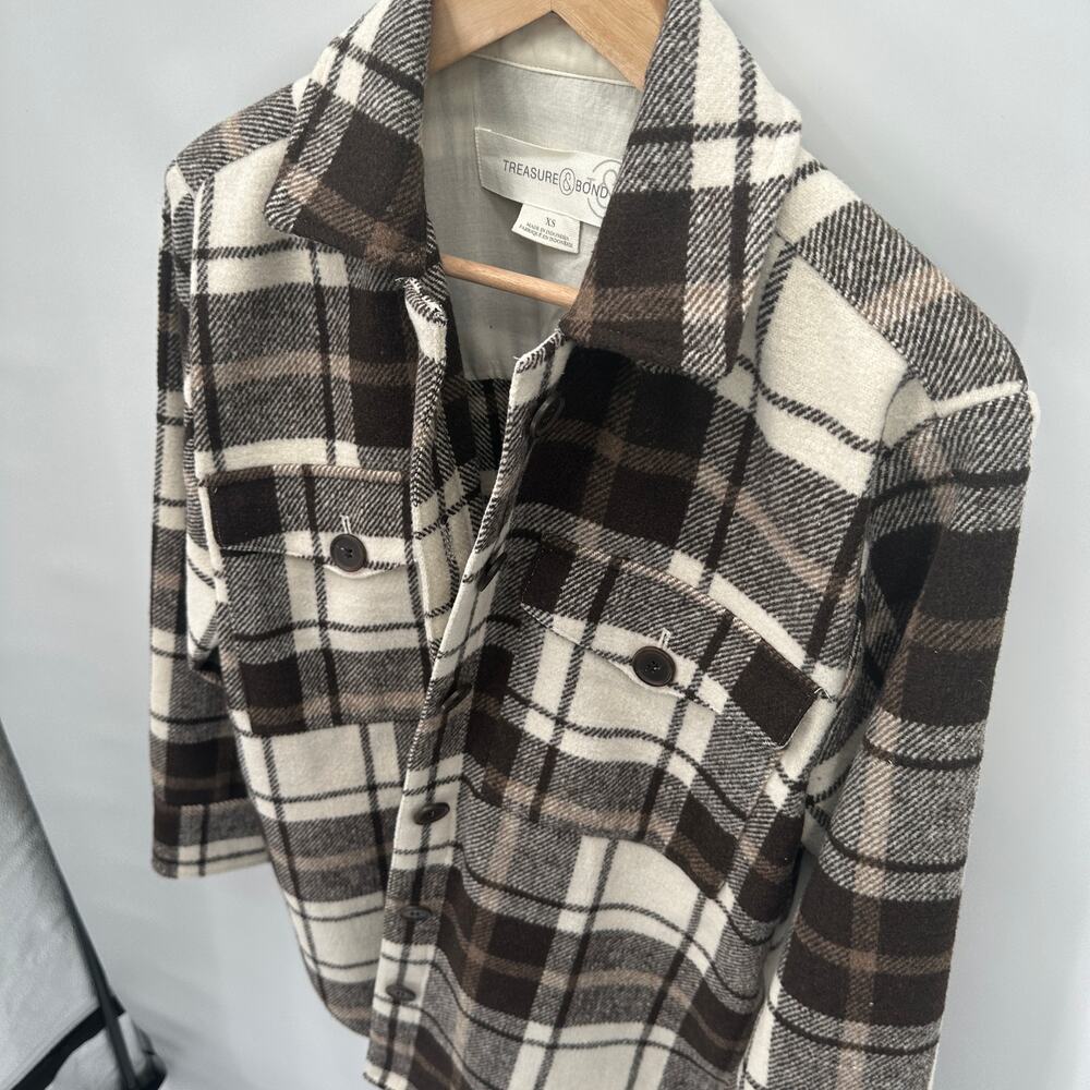 TREASURE & BOND Nordstrom Brown & White Wool Blend Plaid Shacket // XS - Picture 11 of 12
